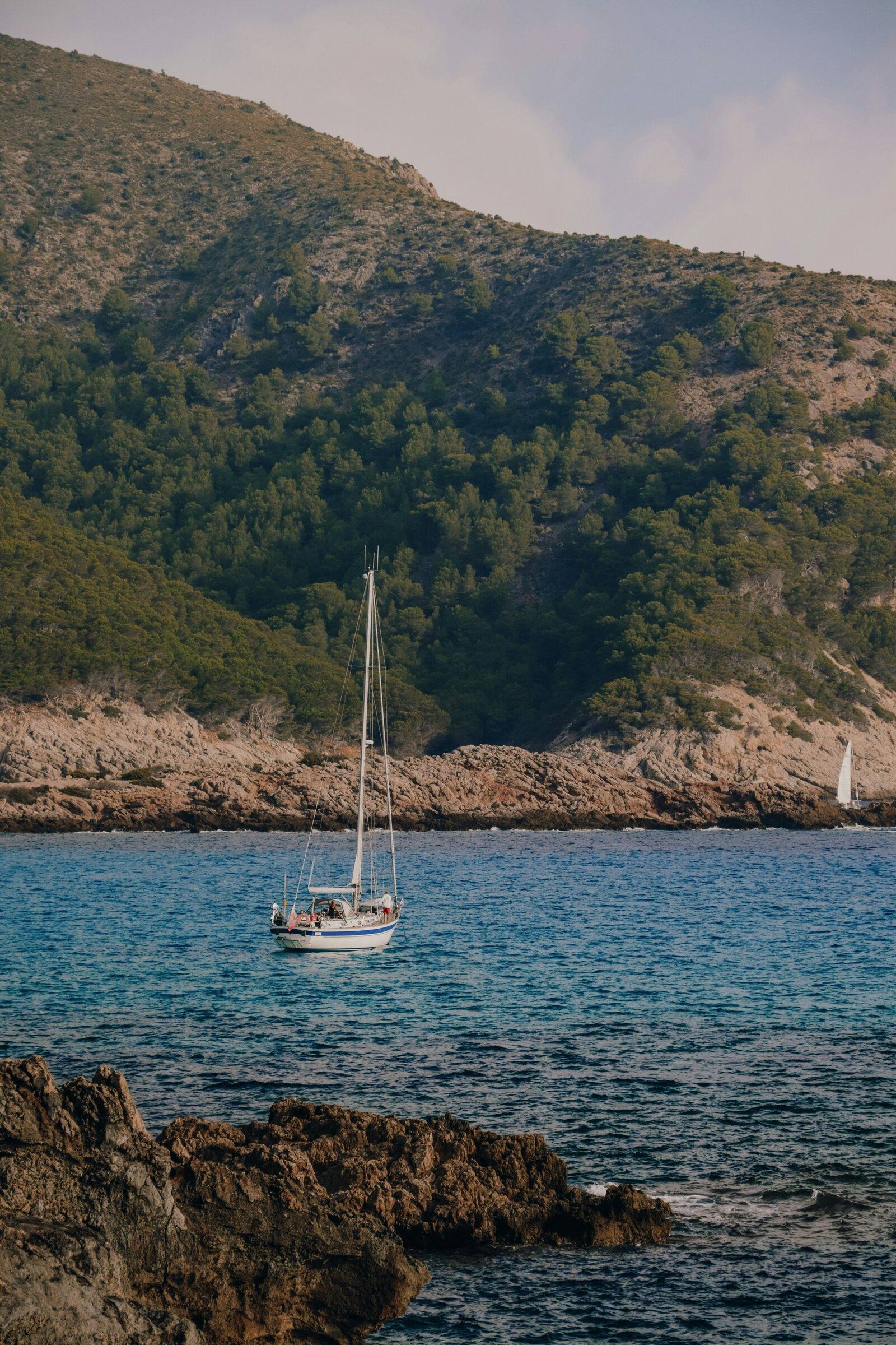 Sailboat at anchor close to a rocky, pine-covered shore